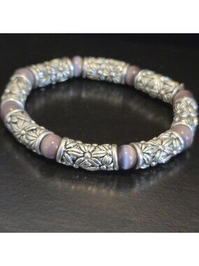 Vintage Silver Tone Purple Cats Eye Glass Beaded Magnetic Clasp Bangle Bracelet
